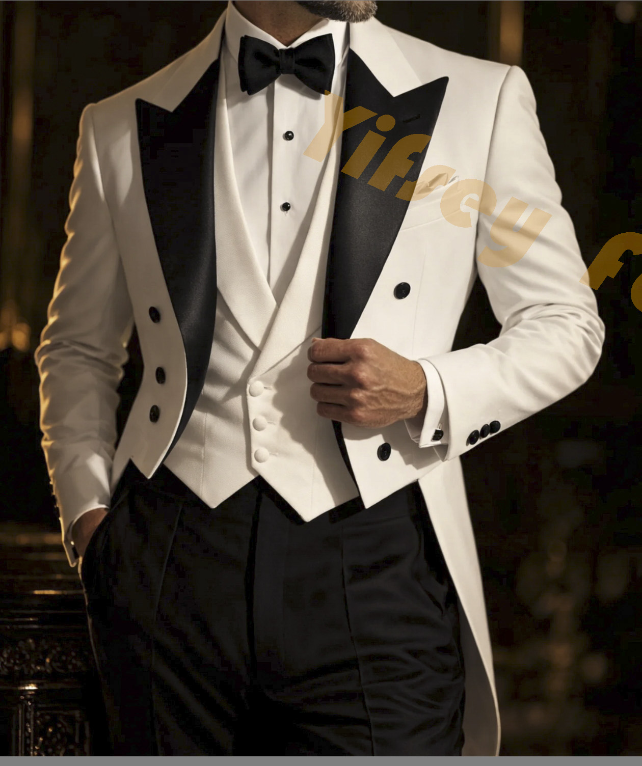 Slim Fit Blazer Men - Witte smoking, zwarte broek, herenpak, trouwpak,