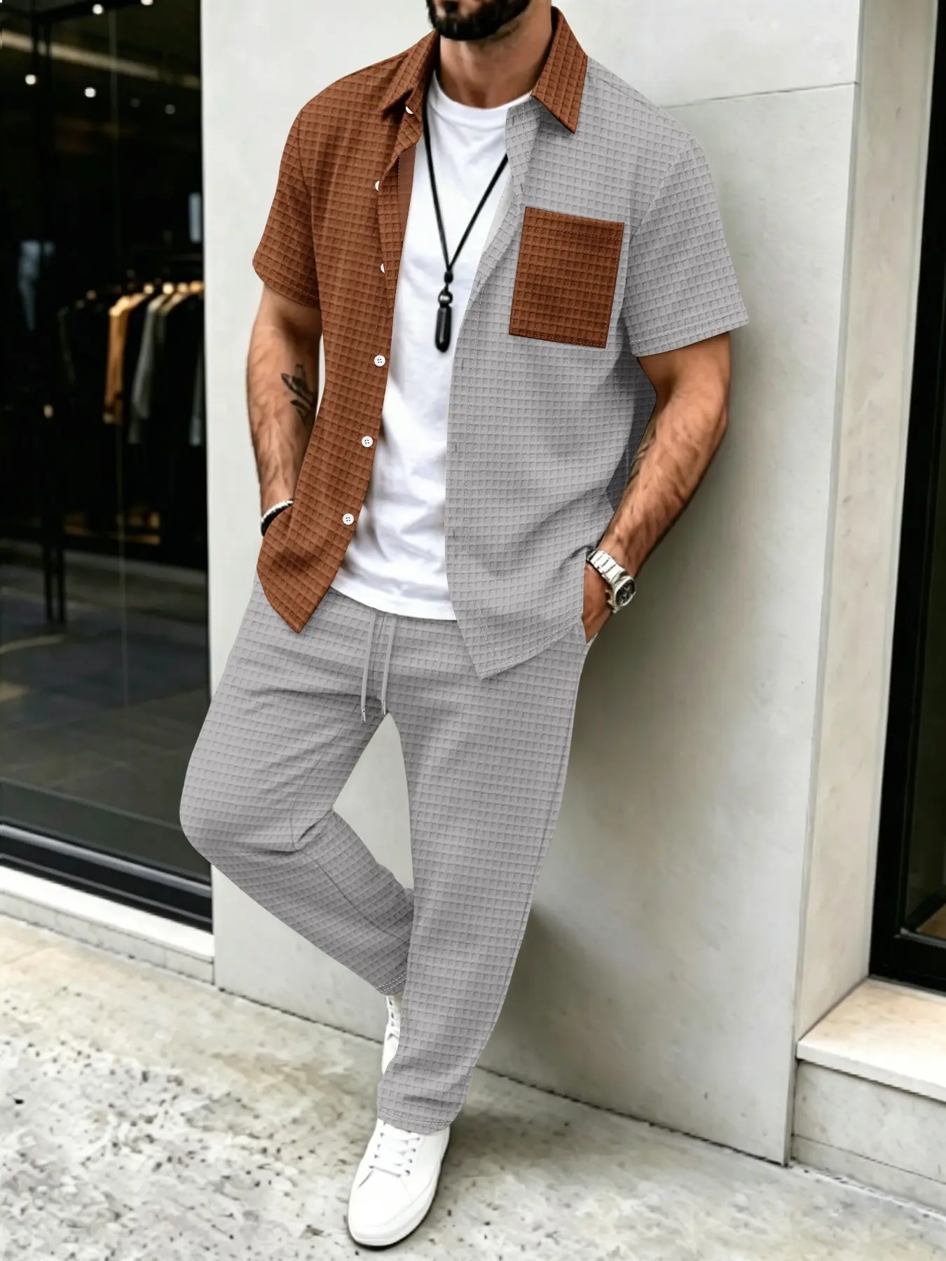 Men'S Spring Fashion - Heren casual set met effen wafelpatroon,