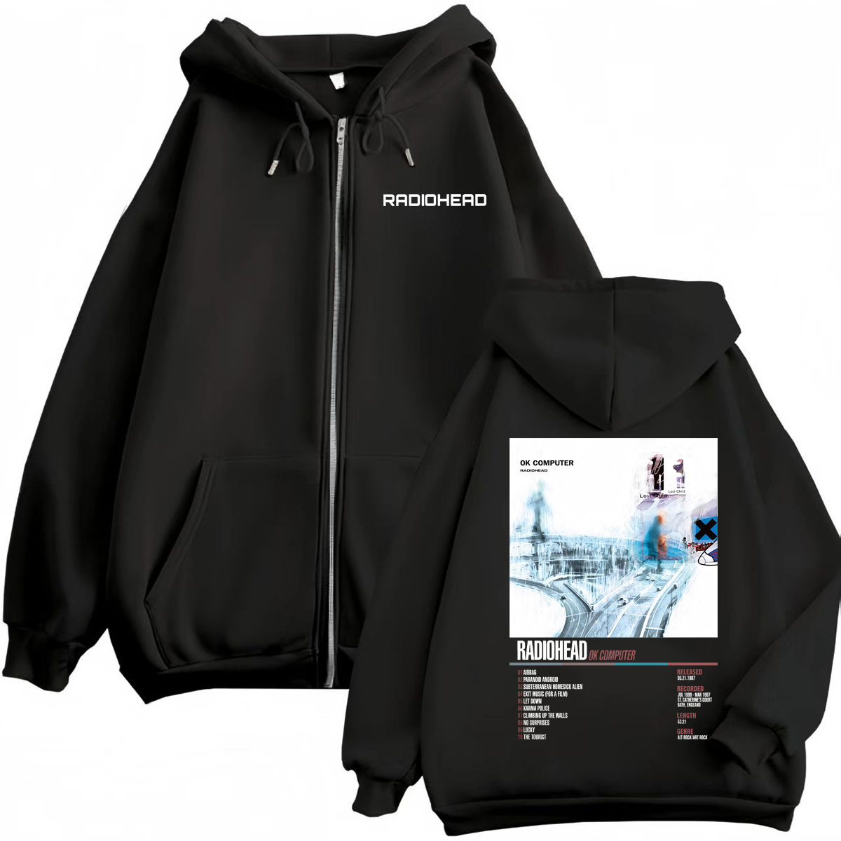 Mens Fashion Zip Up Hoodies - Radiohead Muziekalbum Poster Grafische Rits Hoodie
