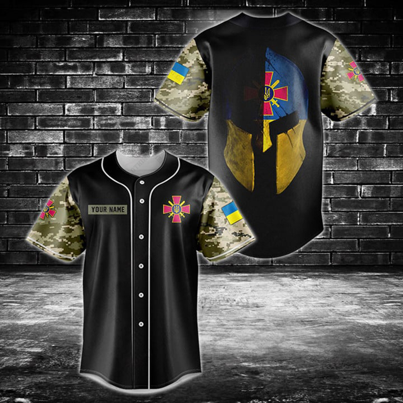 Mens Fashion Baseball Jersey - Aangepaste naam Oekraïne Shield Graphic Button