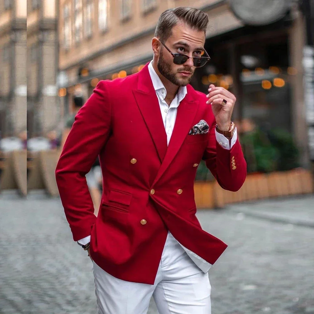 Slim Fit Blazer Men - Rode jas, witte broek, dubbelrijdige mode