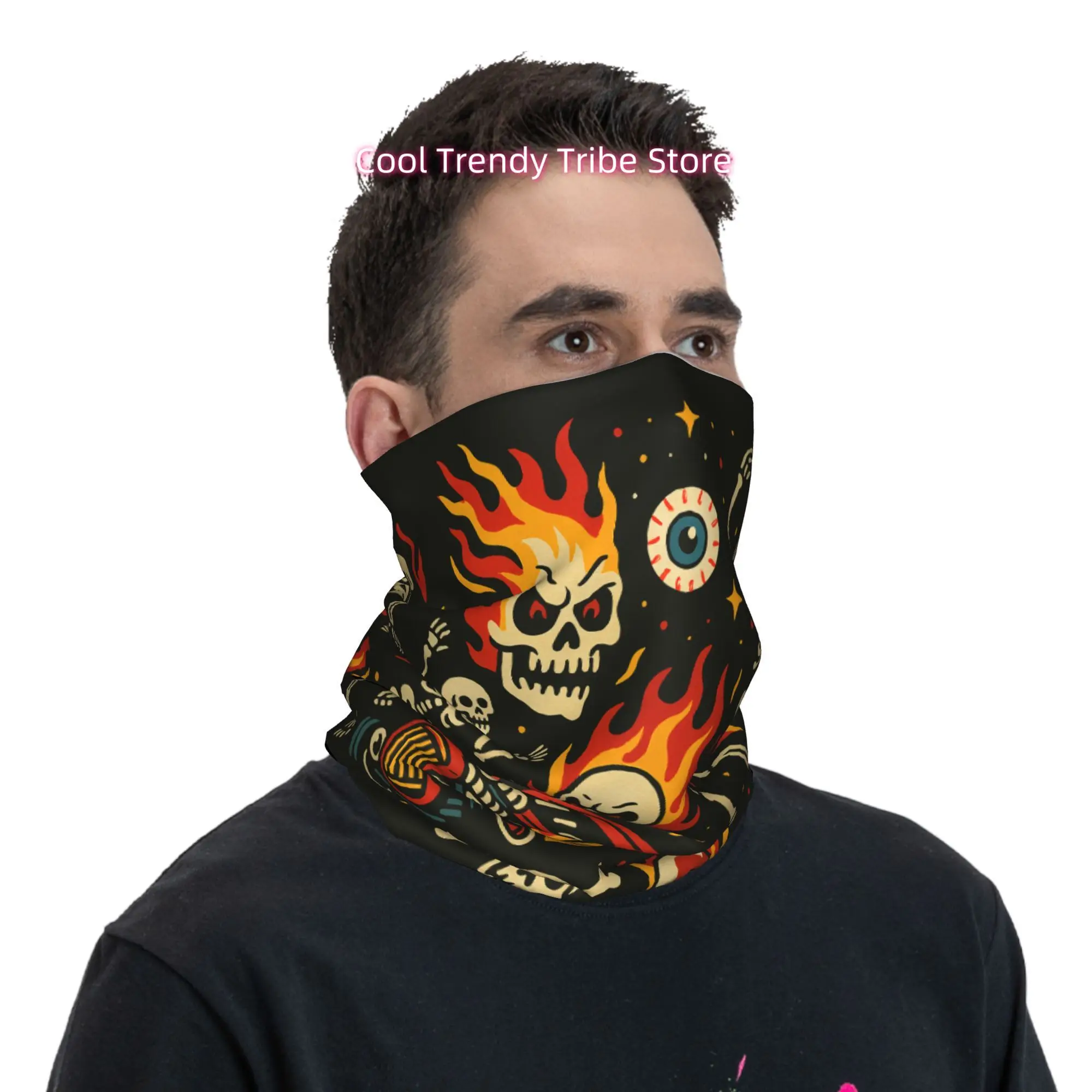 Men'S Fashion Head Scarf - Flaming Skulls Hot Rod Vintage Rockabilly