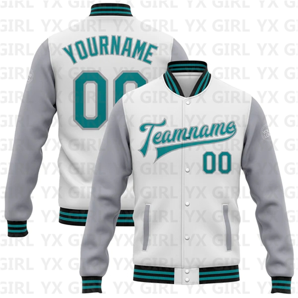 Varsity Jacket Letterman - Custom Wit Blauwgroen Grijs-Zwarte Bommenwerper Full-Snap