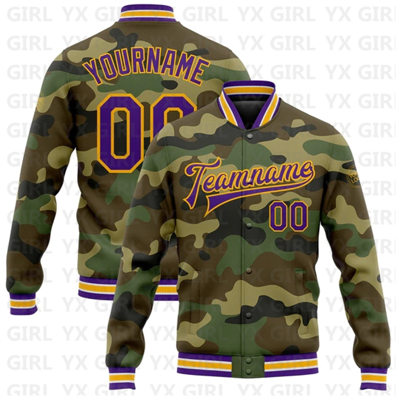 Varsity Jacket Letterman - Op maat gemaakte camouflage paars-gouden full-snap