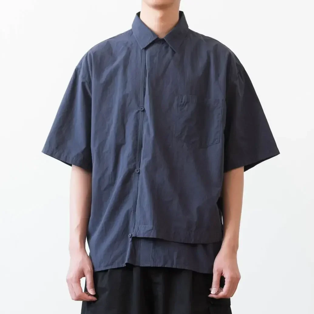 Men'S Fashion Online Stores - Zomermode Donkerblauw Creatieve Knoopsluiting Korte Mouwen
