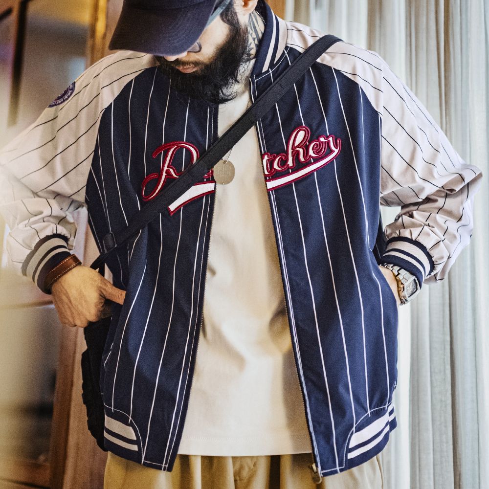 Amerikaanse retro gestreepte b - Varsity Jacket Letterman recensie en prijs